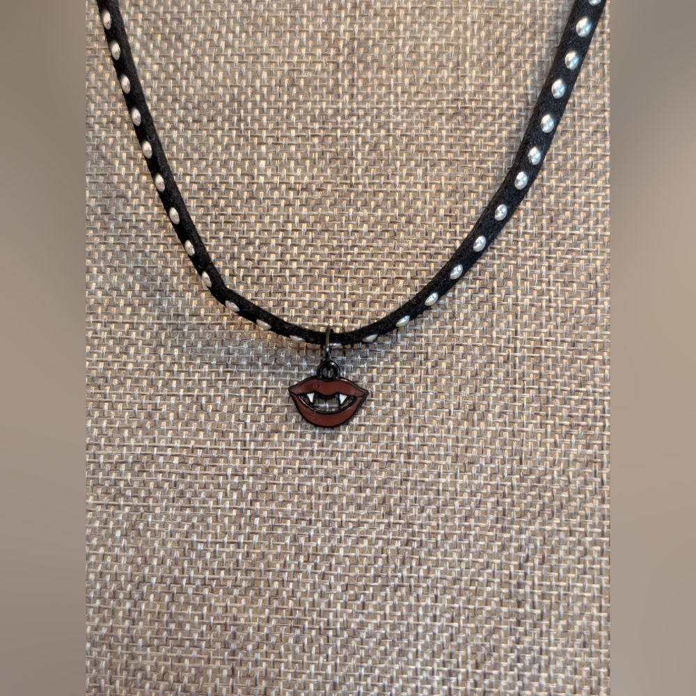 Black Suede Leather Studded Choker Necklace with Vampire Teeth Charm